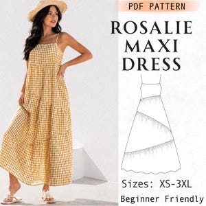 Op de afbeelding: Een geel-witte gingham maxi-jurk met dunne bandjes en een gelaagde rok. De afbeelding bevat de tekst PDF PATTERN ROSALIE MAXI DRESS, Sizes: XS-3XL, Beginner Friendly, naast een zwart-witte lijntekening van de jurk.