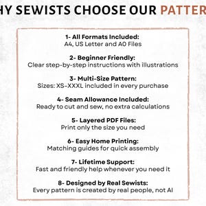 May include: An informational graphic titled WHY SEWISTS CHOOSE OUR PATTERNS. It lists eight features: all formats included, beginner friendly instructions, multi-size patterns from XS to XXXL, seam allowance included, layered PDF files, easy home printing, lifetime support, and designs by real sewists.