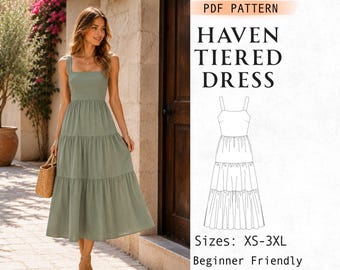 Patron de couture de robe midi à plusieurs niveaux, robe d'été facile à col carré, modèle PDF, robe sans manches confortable pour femme, bricolage adapté aux débutants, XS-XXXL