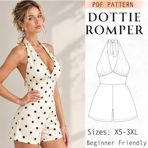 Puede incluir: Un romper de color crema con lunares negros, con escote halter y espalda descubierta. Junto a él hay un dibujo técnico etiquetado como PDF PATTERN DOTTIE ROMPER, que indica tallas de la XS a la 3XL y nivel para principiantes.