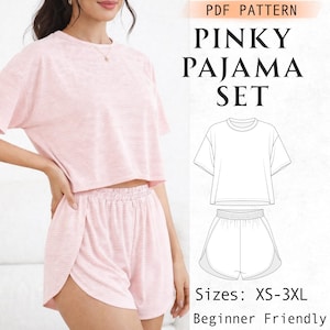 Comfy Pajama Set Sewing Pattern, Two Piece Top and Shorts Pattern PDF, Easy Crop Top, mini Shorts With Slit Leg, home outfit Sleepwear DIY