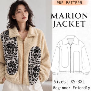 May include: A beige fleece jacket with a front zipper, featuring black and white floral patterned panels on the chest. The image includes a technical line drawing of the Marion Jacket pattern with text indicating sizes XS-3XL.