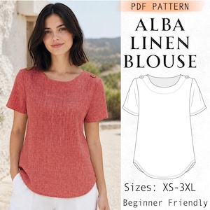 Naaipatroon voor een blouse met knoopjes, boho top met boothals, losse linnen top, beginnersvriendelijk project, shirt met korte mouwen (PDF-patroon), XS-XXXL