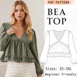 May include: A sage green long-sleeve top with a deep V-neckline, gathered bodice, and ruffled hem. The image includes a technical line drawing of the Bea Top PDF pattern, which features long sleeves and a tiered silhouette, available in sizes XS-3XL.