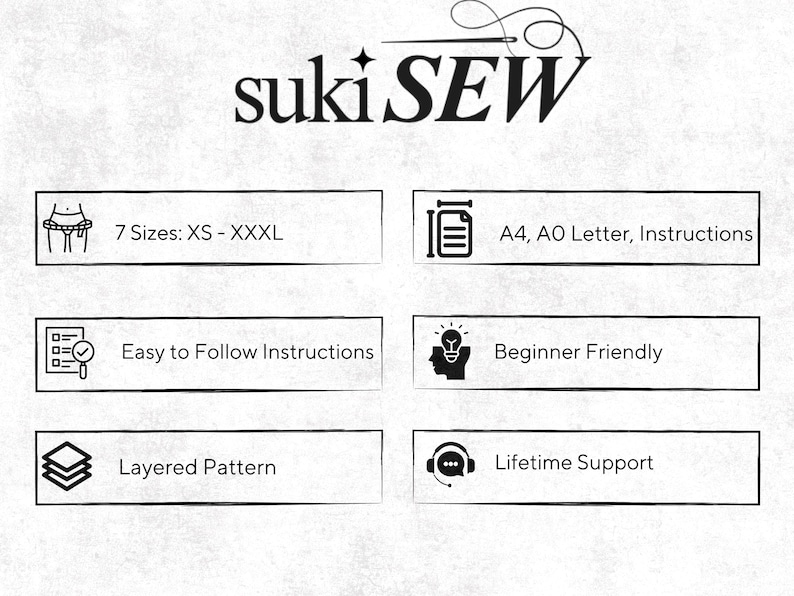 May include: A digital sewing pattern information graphic for sukiSEW featuring black text and icons on a light background. It lists 7 sizes from XS to XXXL, A4 and A0 formats, instructions, beginner friendly status, layered patterns, and lifetime support.