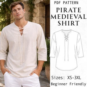 Puede incluir: Una camisa beige de manga larga con escote en V acordonado y cordones colgantes, acompañada de un dibujo técnico de líneas de la misma camisa con el texto PDF PATTERN PIRATE MEDIEVAL SHIRT, tallas XS-3XL y Beginner Friendly.