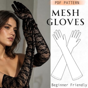以下が含まれることがあります： 花柄の黒いレースのオペラグローブ。画像には「PDF PATTERN MESH GLOVES」および「Beginner Friendly」というテキストが含まれており、その横には手袋の長いシルエットを示す白黒の線画イラストが描かれています。