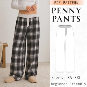 May include: A PDF pattern for Penny Pants featuring a black and white plaid design with a grey waistband and a button-front placket. The digital document includes a technical line drawing of the trousers, with available sizes ranging from XS to 3XL.