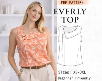 Mönster för asymmetrisk topp, ärmlös blustopp PDF-mönster, sommarskjorta, enkelt linne för kvinnor, nybörjarvänlig, XS–3XL