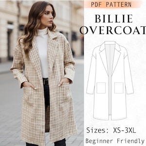 Könnte beinhalten: Ein beigefarbener, weiß karierter Mantel mit fallendem Revers, langen Ärmeln und zwei großen aufgesetzten Vordertaschen. Das Bild enthält eine technische Strichzeichnung des Billie Overcoat PDF-Schnittmusters mit Text für die Größen XS-3XL.