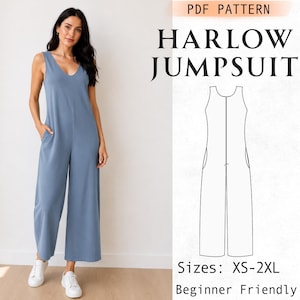 Patron de couture de combinaison simple, salopette pour femme, pantalon ample avec poches, patron PDF pour l'été, tailles XS-2XL