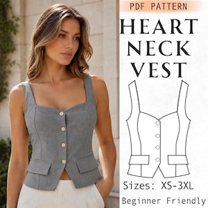 Patrón de costura para chaleco, patrón de chaleco corto forrado para mujer, PDF de chaqueta ajustada con cuello en forma de corazón fácil de hacer, top con botones delanteros, apto para principiantes, tallas XS-3XL