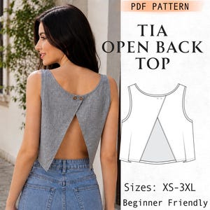 May include: A grey sleeveless top with an open back design, featuring two buttons at the upper back closure. The image includes a technical line drawing of the garment labeled PDF PATTERN TIA OPEN BACK TOP with sizes listed as XS-3XL.