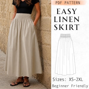 May include: A beige maxi skirt with a smocked elastic waistband and side pockets. The image includes text reading PDF PATTERN EASY LINEN SKIRT, along with a black and white line drawing of the skirt and the text Sizes: XS-2XL Beginner Friendly.