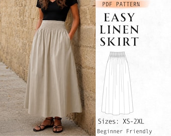 Wykrój na spódnicę z kieszeniami, prosta lniana spódnica maxi dla kobiet, letnia spódnica w stylu vintage z marszczeniami, wzór PDF, XS-3XL, dla początkujących