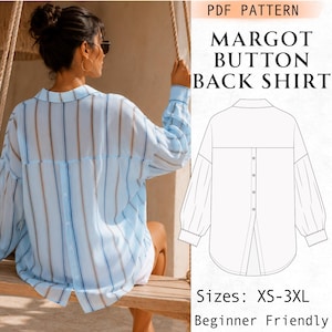 Button Back Oversized Shirt Sewing Pattern, Drop Shoulder Shirt PDF Pattern, Relaxed Loose Fit Blouse, Long Sleeve Women's Boyfriend Shirts