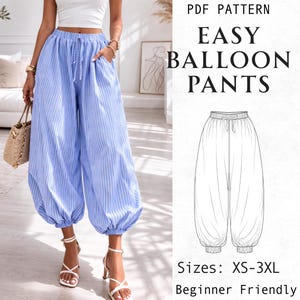 Balloon Legs Pants Sewing Pattern PDF, Bubble Pants PDF with Elastic Waist, Women’s Loose Fit Trousers Digital Download, Beginner Friendly