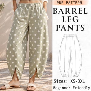 Può includere: Pantaloni a gamba larga color verde salvia con motivo a pois bianchi, dotati di vita elastica e uno spacco sull'orlo anteriore. L'immagine include il testo PDF PATTERN BARREL LEG PANTS, Sizes: XS-3XL, e Beginner Friendly.