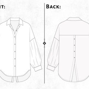 May include: A black and white technical line drawing of a long-sleeved shirt. The front view shows a collared button-down design with a curved hem. The back view displays a button placket running down the center with a split hem detail.