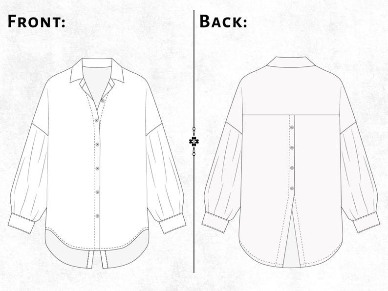 May include: A black and white technical line drawing of a long-sleeved shirt. The front view shows a collared button-down design with a curved hem. The back view displays a button placket running down the center with a split hem detail.