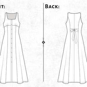 Peut inclure: Un dessin au trait noir et blanc d'une robe sans manches. La vue de face montre une encolure carr&eacute;e, une patte de boutonnage et des d&eacute;tails fronc&eacute;s au niveau du corsage. La vue arri&egrave;re pr&eacute;sente une taille &agrave; nouer avec un n&oelig;ud au dos.