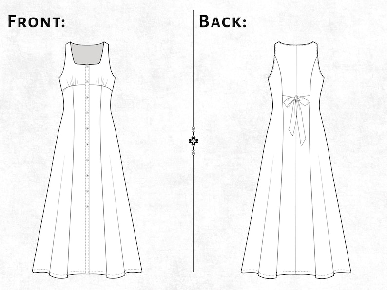 Peut inclure: Un dessin au trait noir et blanc d'une robe sans manches. La vue de face montre une encolure carr&eacute;e, une patte de boutonnage et des d&eacute;tails fronc&eacute;s au niveau du corsage. La vue arri&egrave;re pr&eacute;sente une taille &agrave; nouer avec un n&oelig;ud au dos.
