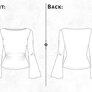 May include: A white long-sleeved top with a wide boat neckline and flared bell sleeves. The front view displays subtle side waist ruching, while the back view shows a smooth, plain finish. The image includes the text labels FRONT and BACK.
