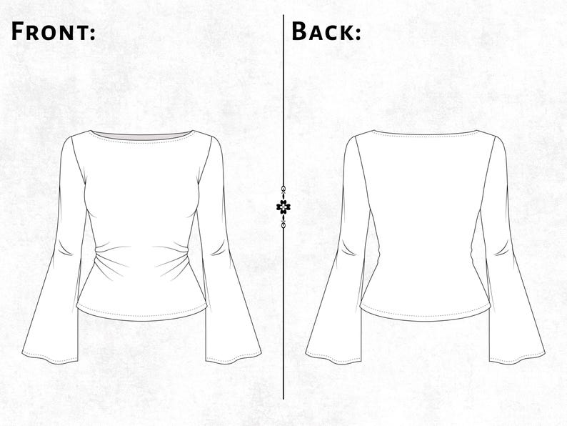 May include: A white long-sleeved top with a wide boat neckline and flared bell sleeves. The front view displays subtle side waist ruching, while the back view shows a smooth, plain finish. The image includes the text labels FRONT and BACK.