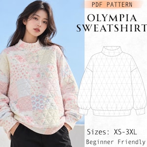 Quilted Sweatshirt Sewing Pattern, Patchwork sweater pattern PDF, Oversized Pullover, Beginner friendly, Women Winter Top, Sizes XS-XXXL
