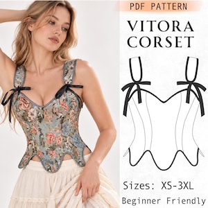 Może przedstawiać: Wykrój PDF Vitoria Corset z gorsetem w kwiatowy wzór, falistym dołem i czarnymi wstążkami na ramionach. Projekt zawiera rysunek techniczny, napis Vitoria Corset oraz zakres rozmiarów XS-3XL dla osób początkujących w szyciu.