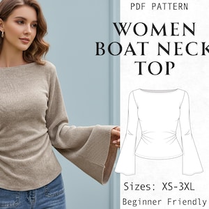 Boat Neck Top Sewing Pattern PDF, Flare Long Sleeve Pattern, Easy Knit Top With Boatneck, Beginner Friendly, Sizes XS-XXXL Digital Download