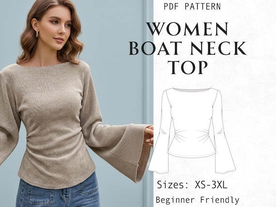 Boat Neck Top Sewing Pattern PDF, Flare Long Sleeve Pattern, Easy Knit Top With Boatneck, Beginner Friendly, Sizes XS-XXXL Digital Download