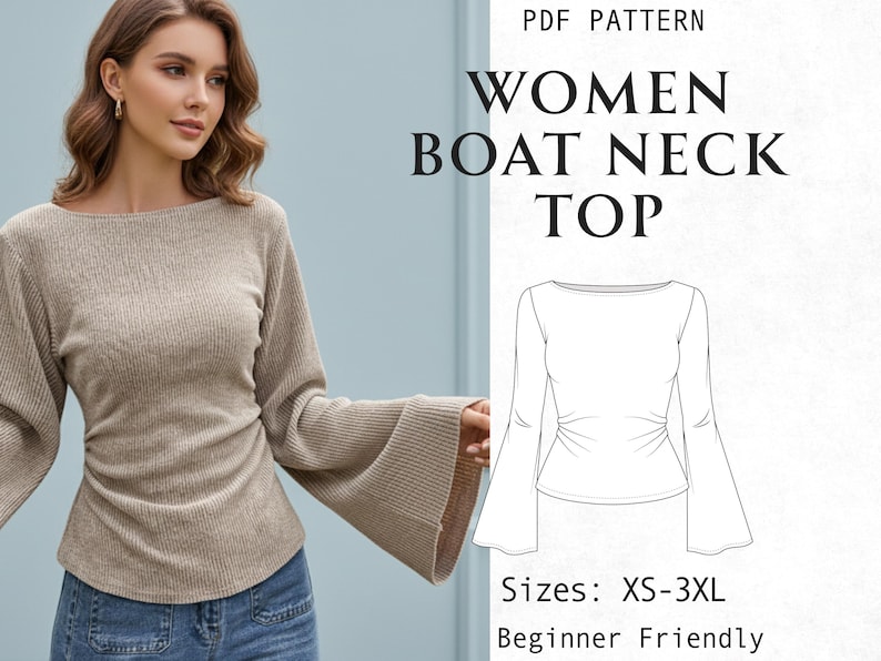 May include: A beige ribbed long-sleeve top with a boat neckline and flared sleeves. The image includes text reading PDF PATTERN WOMEN BOAT NECK TOP, Sizes: XS-3XL, and a black and white line drawing illustration of the garment design.