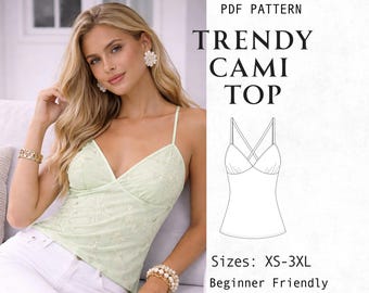 Łatwy wzór na top z ramiączkami, dopasowany top na ramiączkach typu spaghetti z dekoltem w serek Y2K, lniany top damski do pobrania w formacie PDF, łatwy do samodzielnego wykonania (DIY) dla początkujących