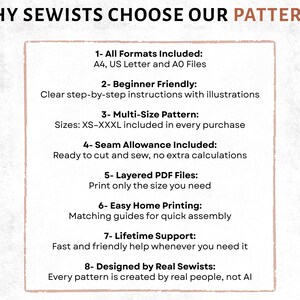 May include: An informational graphic titled WHY SEWISTS CHOOSE OUR PATTERNS, listing eight features: A4, US Letter, and A0 files, beginner-friendly instructions, multi-size patterns from XS to XXXL, included seam allowances, layered PDF files, home printing guides, lifetime support, and designs created by real people.