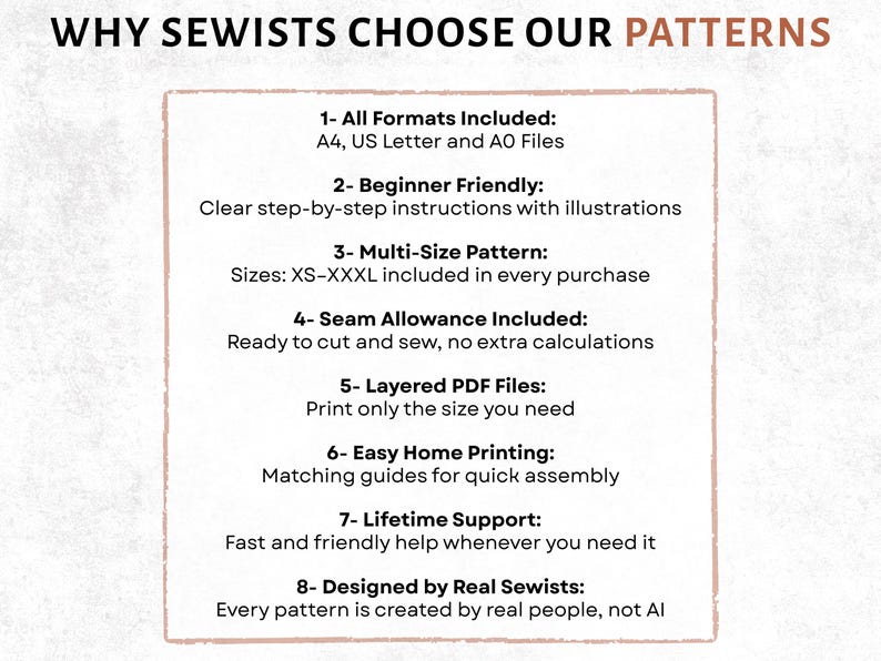 May include: An informational graphic titled WHY SEWISTS CHOOSE OUR PATTERNS, listing eight features: A4, US Letter, and A0 files, beginner-friendly instructions, multi-size patterns from XS to XXXL, included seam allowances, layered PDF files, home printing guides, lifetime support, and designs created by real people.