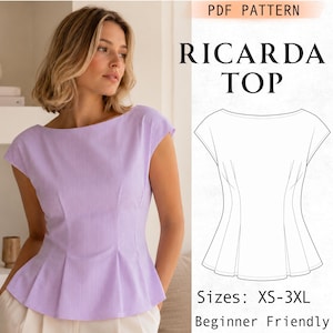 May include: A light purple short-sleeved top with a boat neckline and a flared peplum hem. The image includes a technical line drawing of the Ricarda Top PDF pattern, which is available in sizes XS-3XL and is described as beginner friendly.
