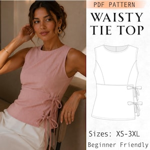 Schnittmuster für ein ärmelloses Wickeltop mit seitlicher Bindefläche (PDF-Schnittmuster), einfache Bluse mit Korsett-Taille, Tanktop mit Rundhalsausschnitt für Damen (ideal für Anfänger)