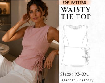 Side Tie Top Sewing Pattern, Sleeveless Summer wrap Top PDF Pattern, Easy Corset Tie Waist Blouse, Round Neck Tank Top Women For Beginner