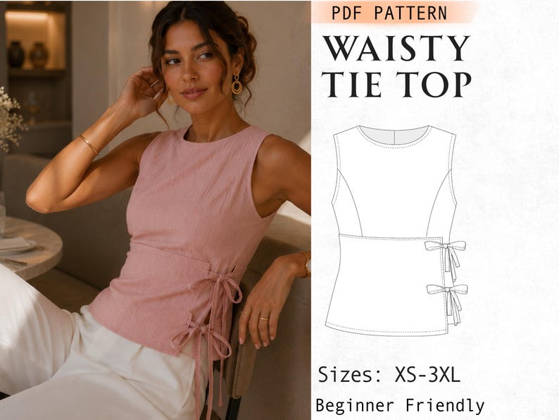 Side Tie Top Sewing Pattern, Sleeveless Summer wrap Top PDF Pattern, Easy Corset Tie Waist Blouse, Round Neck Tank Top Women For Beginner