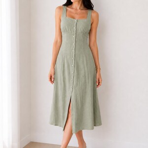 Patron de couture de robe en lin, robe cottagecore boutonnée, robe d'été sans manches à col carré pour femme, robe midi vintage, tailles XS-3XL image 2