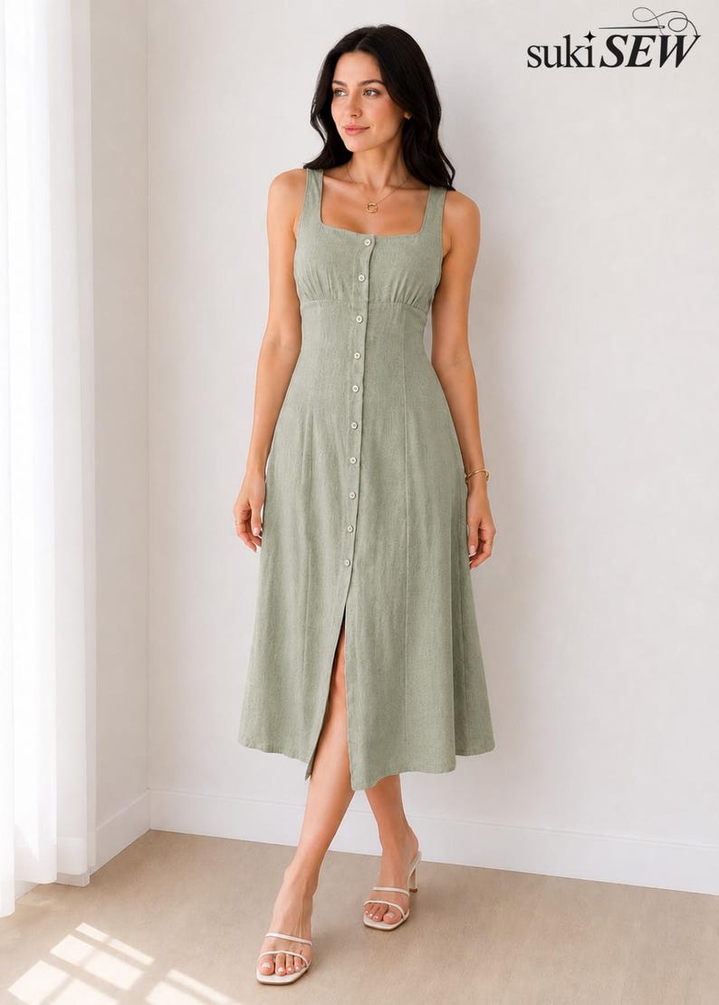 Patron de couture de robe en lin, robe cottagecore boutonnée, robe d'été sans manches à col carré pour femme, robe midi vintage, tailles XS-3XL image 2