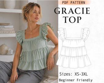 Wzór na bluzkę typu babydoll z falbanką Cottagecore, prosty top z kwadratowym dekoltem w formacie PDF, warstwowy top w stylu boho, letnia bluzka damska, dla początkujących