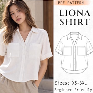 Könnte beinhalten: Ein PDF-Schnittmuster für das Liona-Shirt, das eine technische Strichzeichnung eines kurzärmeligen Hemdes mit Kragen und zwei Brusttaschen zeigt. Der Text lautet PDF PATTERN, LIONA SHIRT, Sizes: XS-3XL und Beginner Friendly.