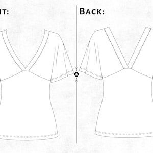 May include: A black and white line drawing of a top with short flutter sleeves and a deep V-neckline. The image displays the front view on the left labeled FRONT and the back view on the right labeled BACK, showing the garment's silhouette.