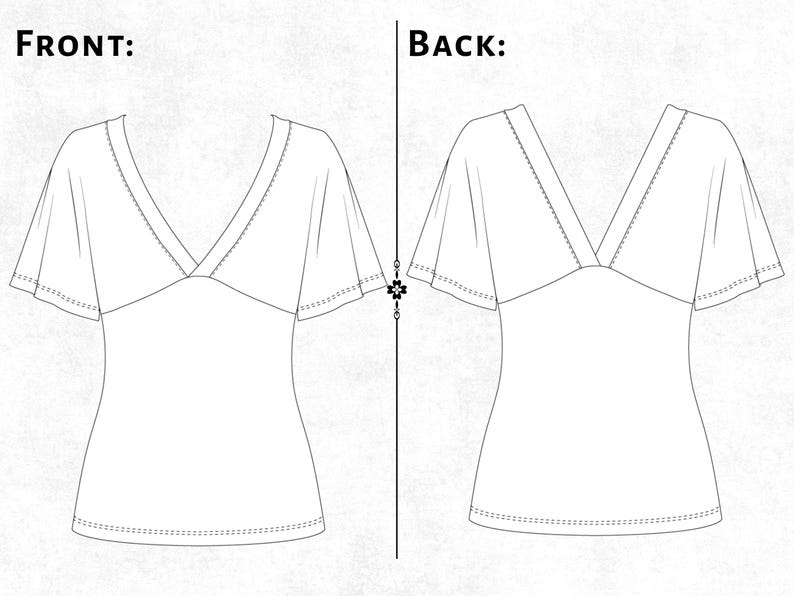 May include: A black and white line drawing of a top with short flutter sleeves and a deep V-neckline. The image displays the front view on the left labeled FRONT and the back view on the right labeled BACK, showing the garment's silhouette.