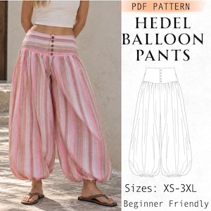 May include: A PDF pattern for Hedel balloon pants in sizes XS-3XL, featuring a high-waisted design with a four-button front closure. The pants are shown in a pink, white, and tan vertical striped fabric with a voluminous, gathered silhouette.