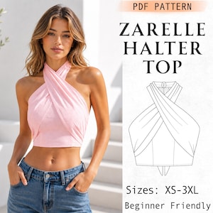 Peut inclure: Un haut dos nu rose clair avec une encolure croisée et un ourlet court. L'image contient le texte PDF PATTERN ZARELLE HALTER TOP, Sizes: XS-3XL, et Beginner Friendly, ainsi qu'un dessin au trait noir et blanc du modèle de vêtement.