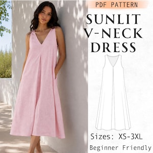 Könnte beinhalten: Ein PDF-Schnittmuster für ein ärmelloses, hellrosa V-Ausschnitt-Kleid mit einer vorderen Mittelnahtfalte und Seitentaschen. Das Bild enthält den Text "PDF PATTERN SUNLIT V-NECK DRESS", eine schwarz-weiße Skizze und "Sizes: XS-3XL".