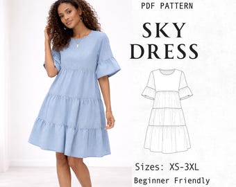 Wykrój na sukienkę typu babydoll z warstwami, prosta mini sukienka z warstwami, cyfrowy wykrój na letnią sukienkę swobodną z marszczeniami i falbankami dla początkujących, XS-XXXL